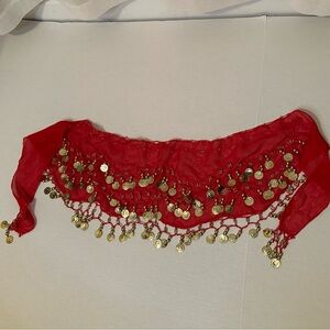 Red Belly Dance Hip Scarf with Gold Coins